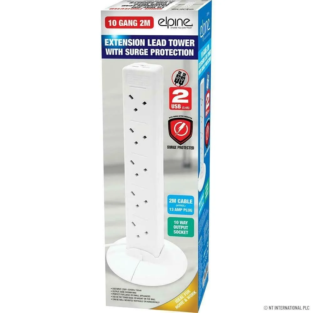 10 Way Gang + Usb Socket 2M Mains Extension Tower With Surge Protected