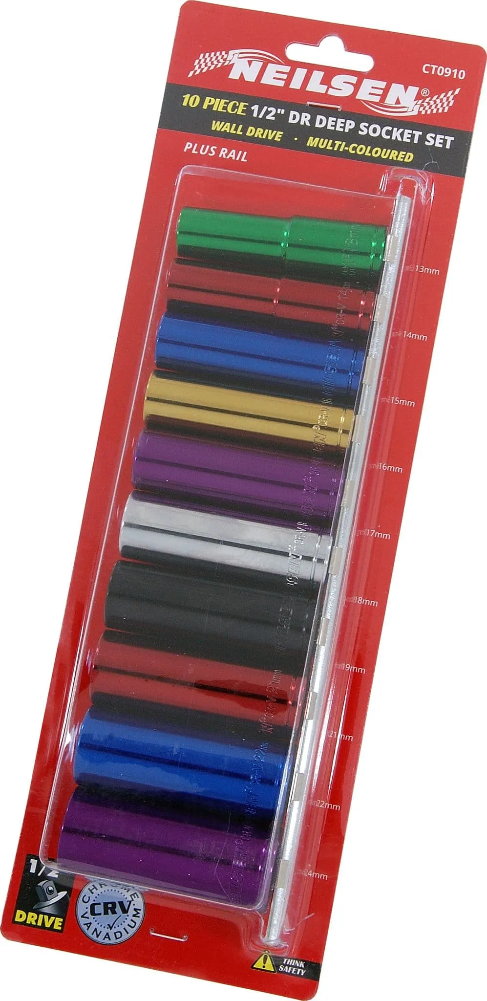 10Pc 1/2 Inch Drive Deep Socket Set 13, 14, 15, 16, 17, 18, 19, 21, 22, 24mm