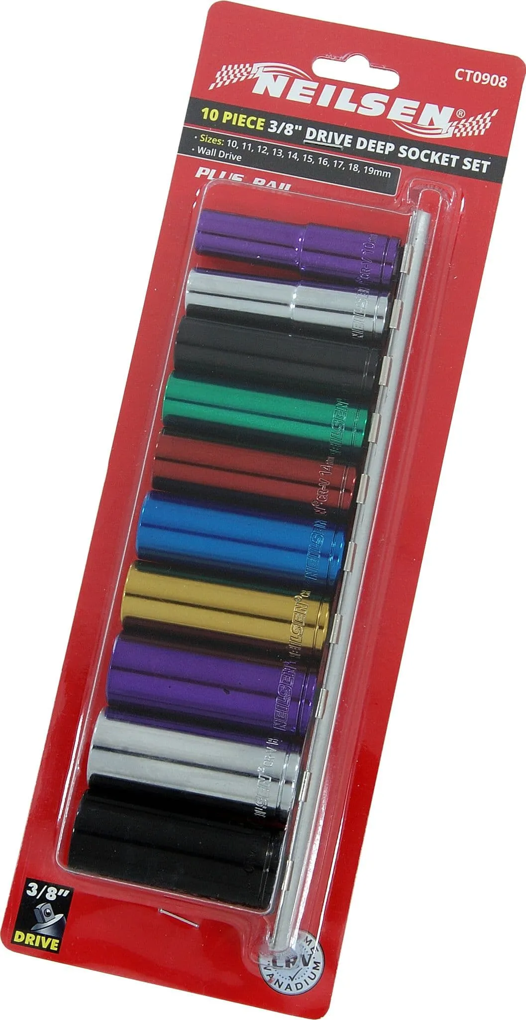 10Pc 3/8 Inch Drive Deep Socket Set 10, 11, 12, 13, 14, 15, 16, 17, 18, 19mm