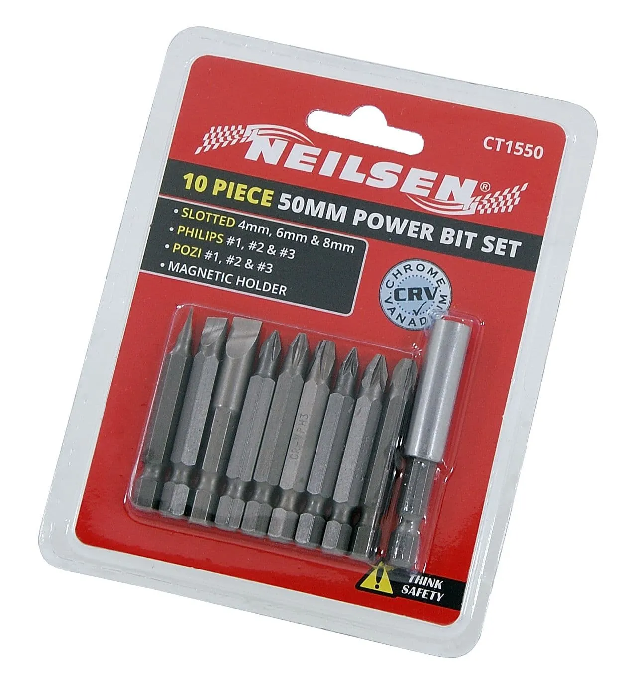 10Pc Screwdriver Power Bit Set Including Flat, Pozidriv & Phillips - 50mm Long