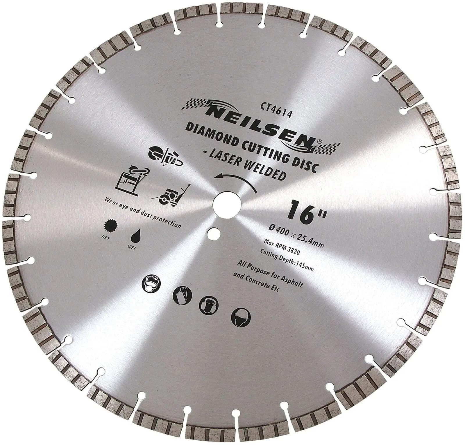 16" (400mm) Diamond Blade Disc Laser Welded Cuts Steel, Asphalt, Concrete, Brick