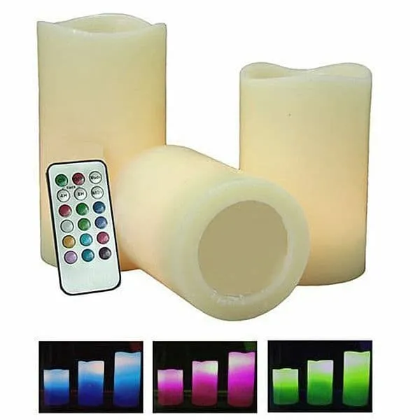 3 Pc Colour Changing Led Wax Mood Candles Vanilla Scented + Remote Control