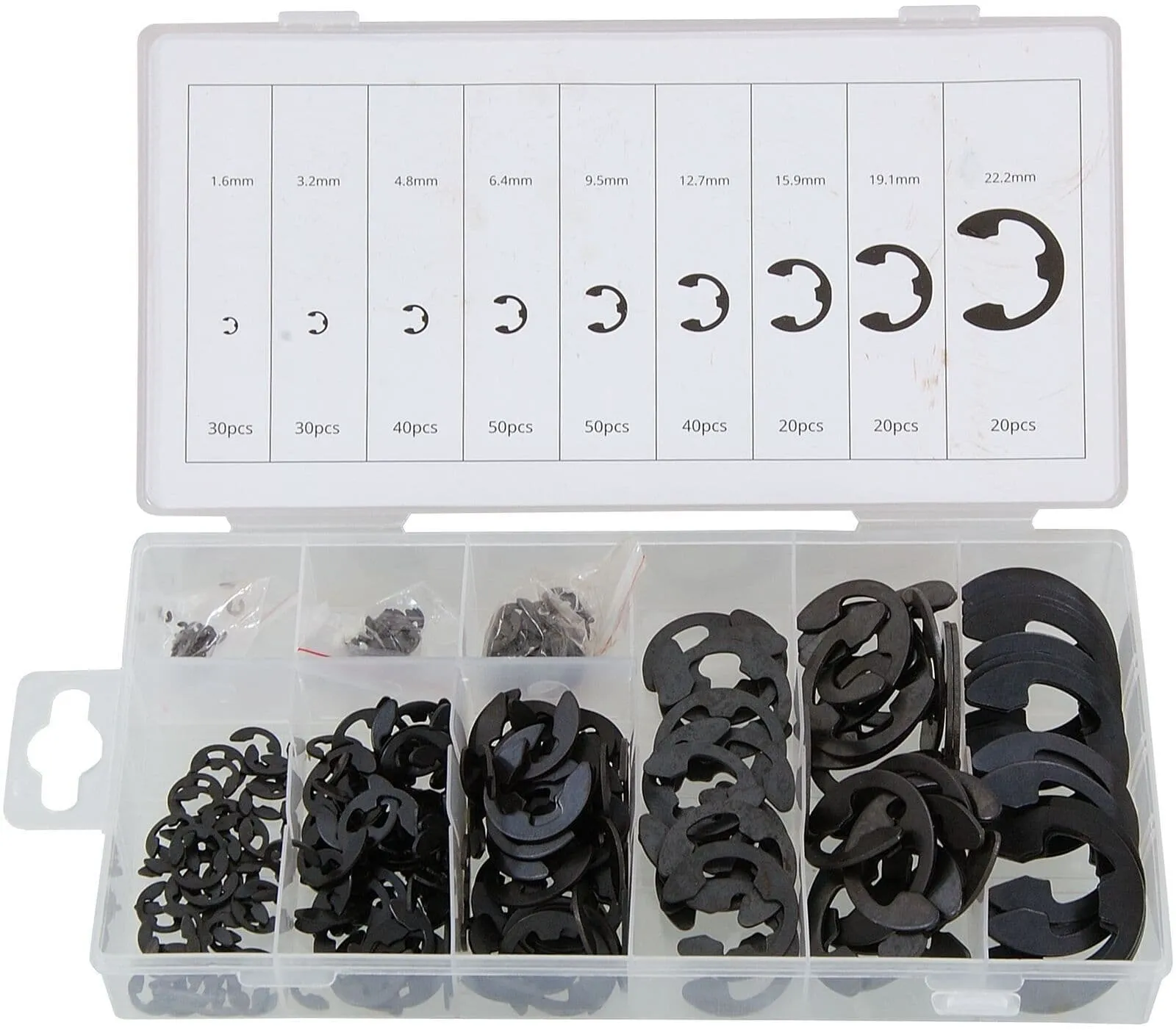 300Pc Assorted E Clips Washers Retainer Ring External Snap Circlip Various Sizes