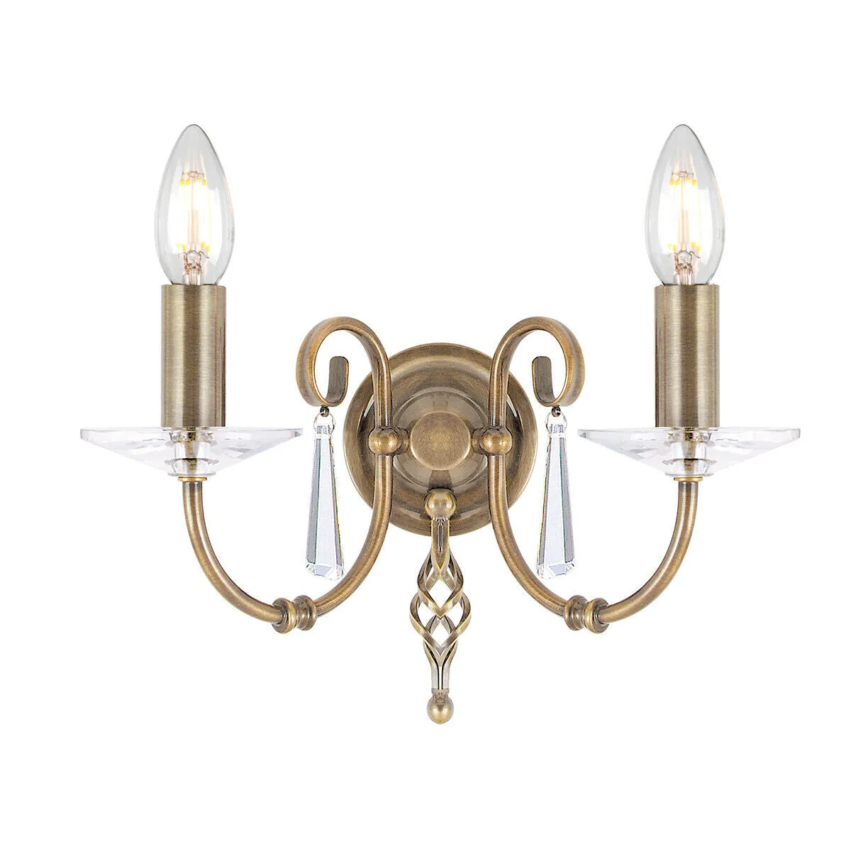 Twin Wall Light 2 Cut Glass Droplets Swirl Finial Aged Brass LED E14 60W