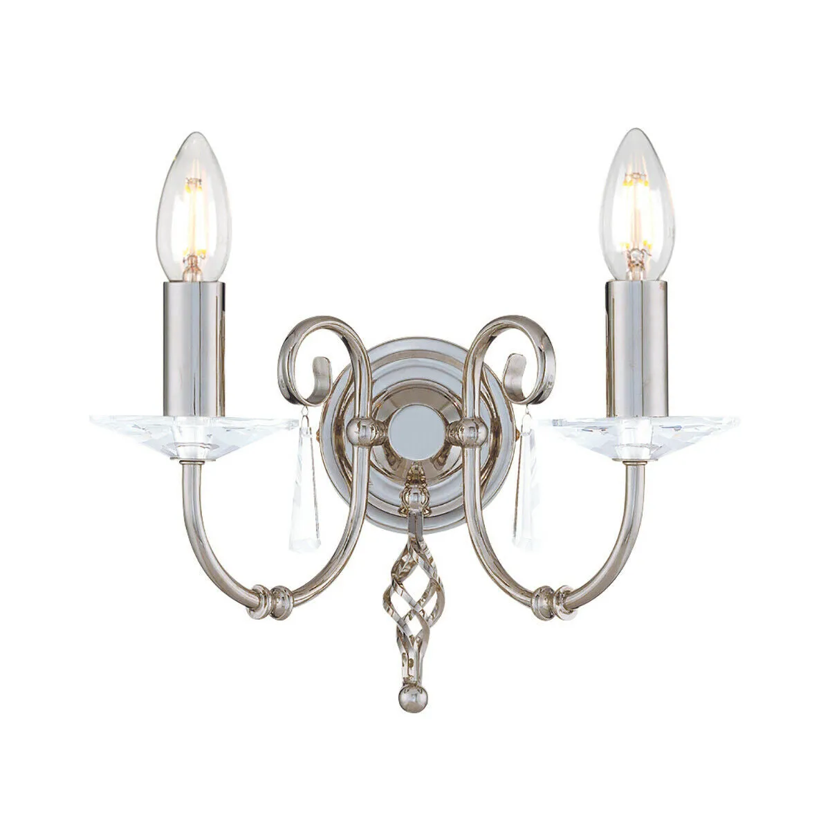 Twin Wall Light Cut Glass Droplets Swirl Finial Polished Nickel LED E14 60W