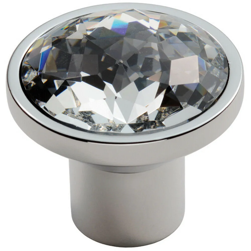 Round Faceted Crystal Cupboard Door Knob 34mm Diameter Polished Chrome