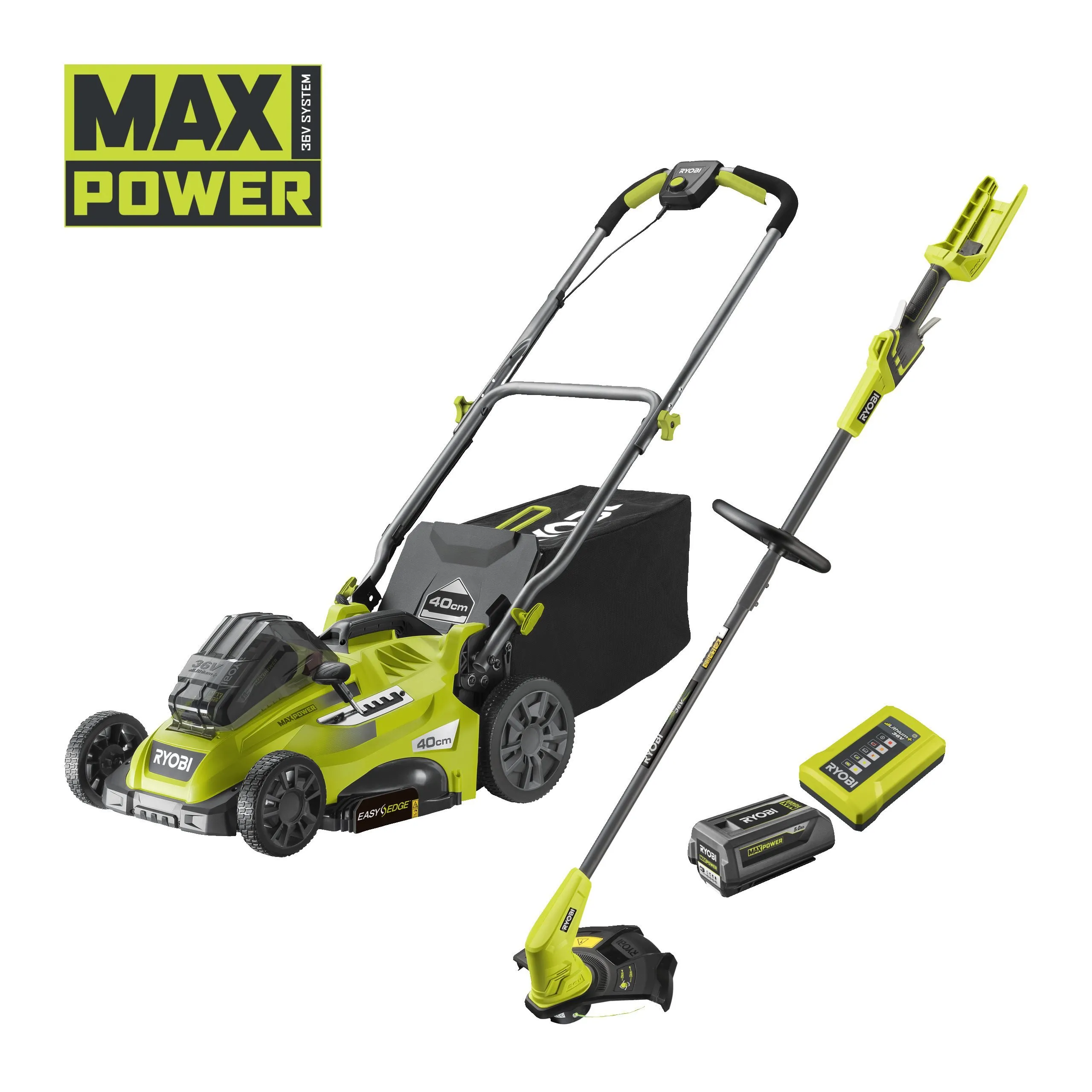 36V MAX POWER Cordless 40cm Lawnmower & 28/33cm Grass Trimmer Starter Kit (1 x 5Ah)