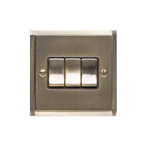 Elite Stepped Plate Range-Antique Brass-3 Gang Rocker Switch (10 Amp)