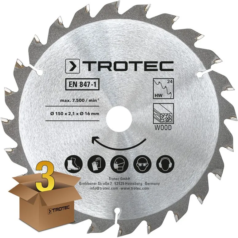 Wood circular saw blade set Ø 150 mm (24 teeth), 3 pieces