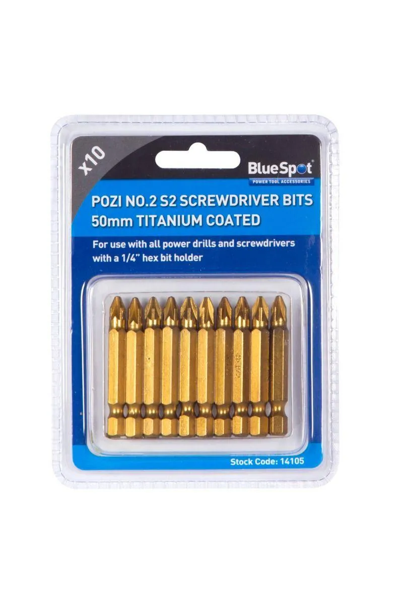 BLUE SPOT TOOLS 10 PCE 50MM PZ2 S2 TITANIUM COATED POWER BIT SET