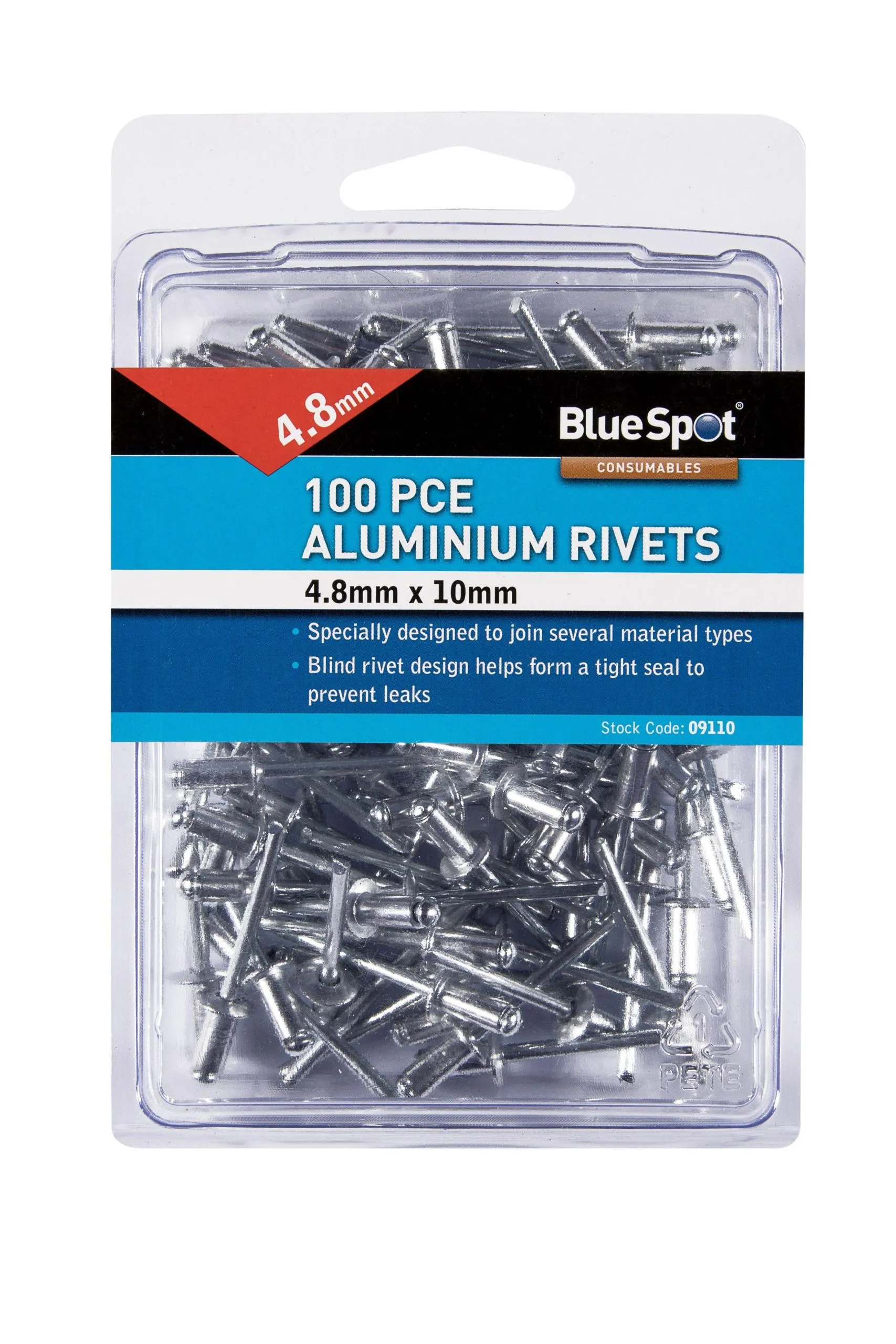 BLUE SPOT TOOLS 100 PCE 4.8MM X 10MM ALUMINIUM RIVETS