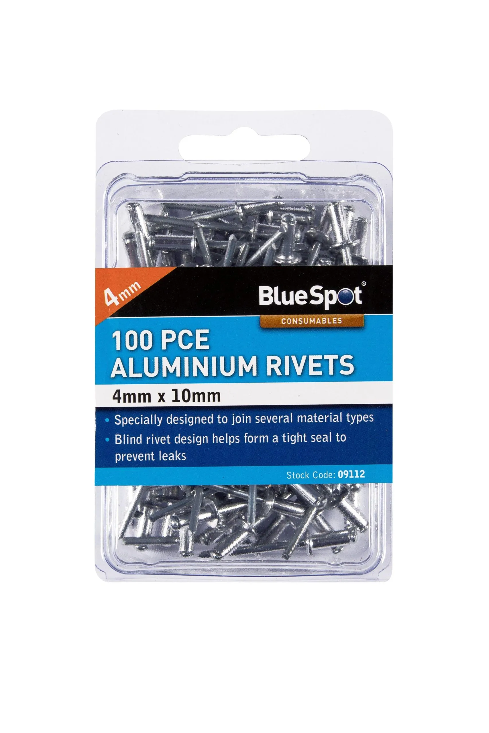 BLUE SPOT TOOLS 100 PCE 4MM X 10MM ALUMINIUM RIVETS