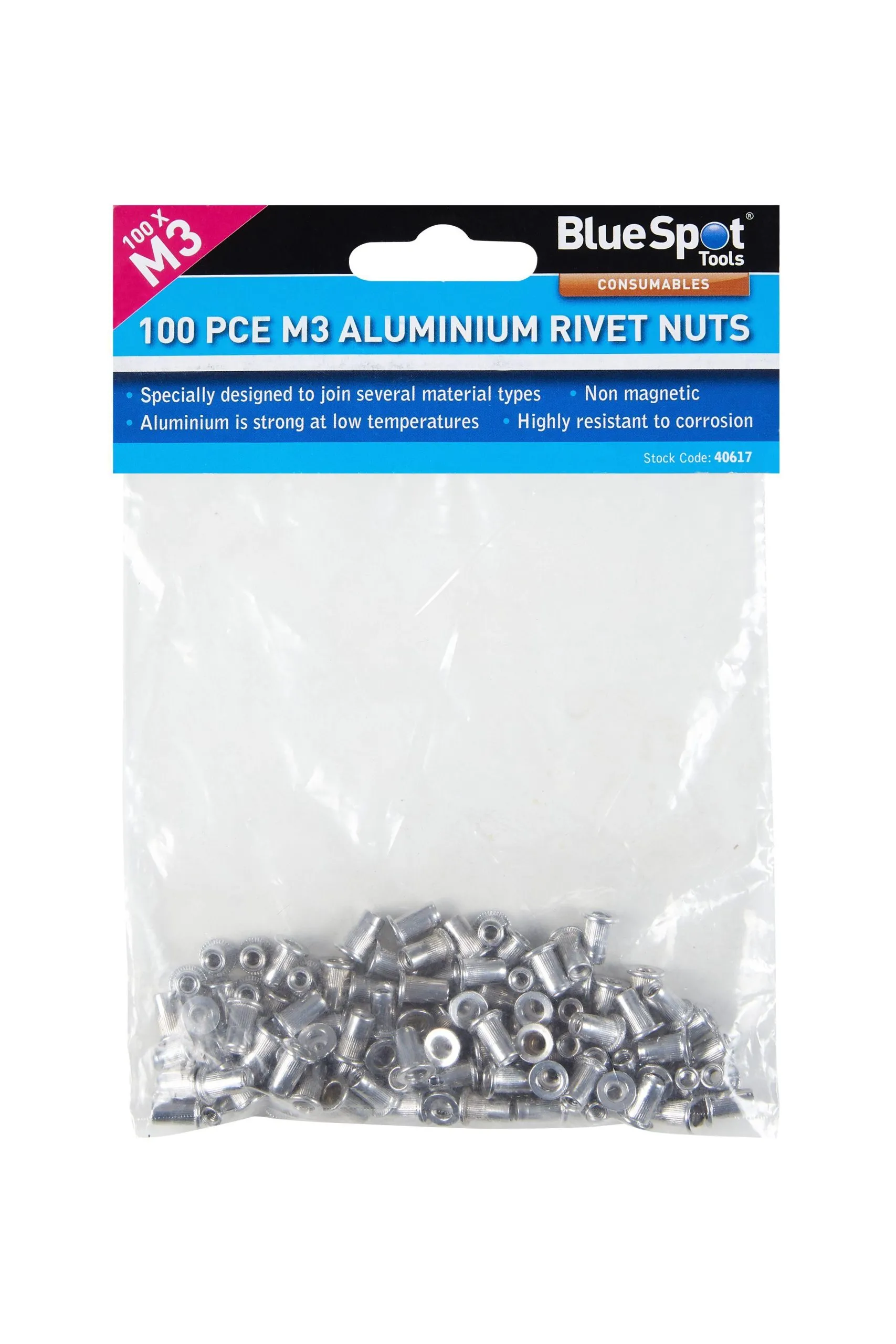 BLUE SPOT TOOLS 100 PCE M3 ALUMINIUM RIVET NUTS