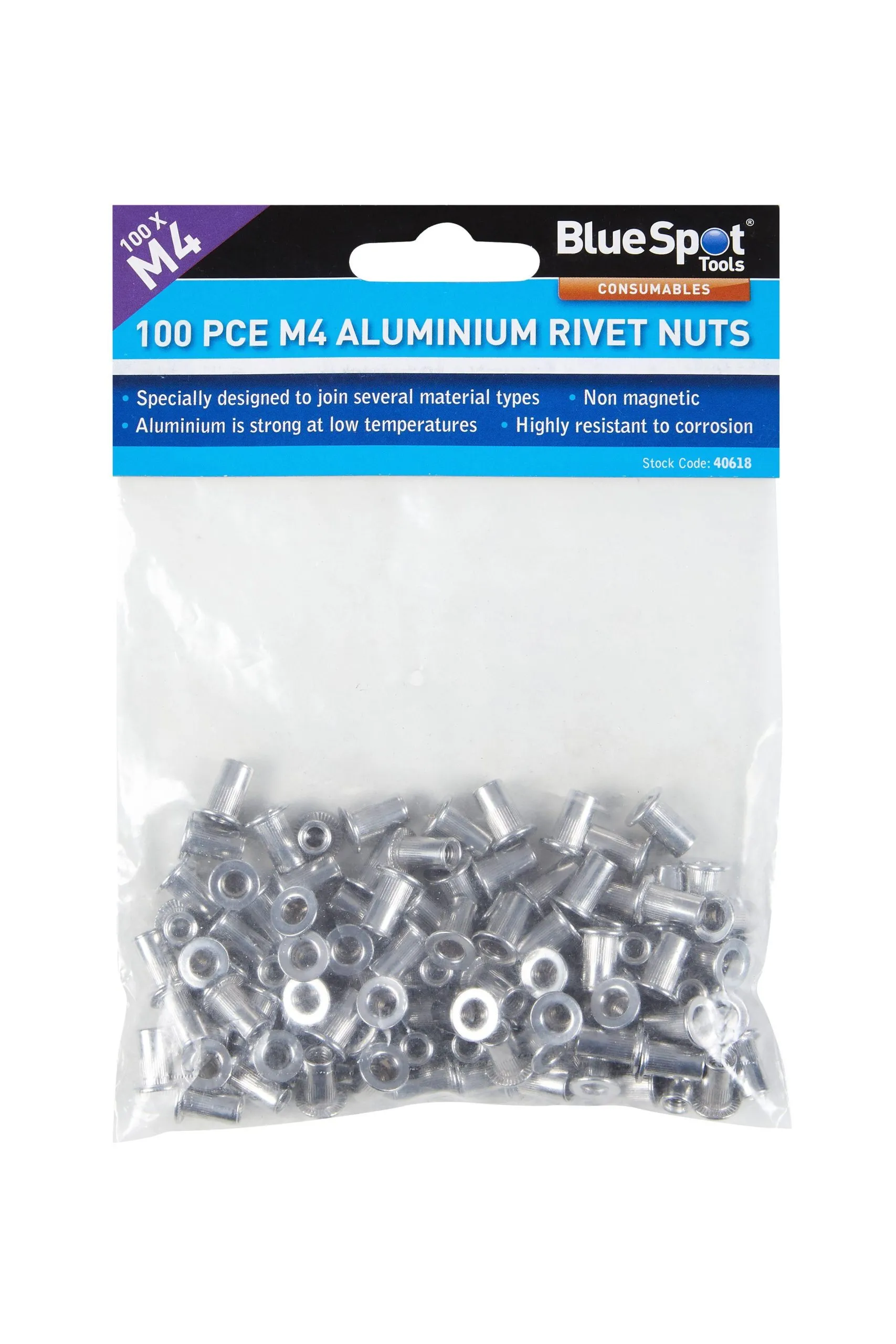 BLUE SPOT TOOLS 100 PCE M4 ALUMINIUM RIVET NUTS