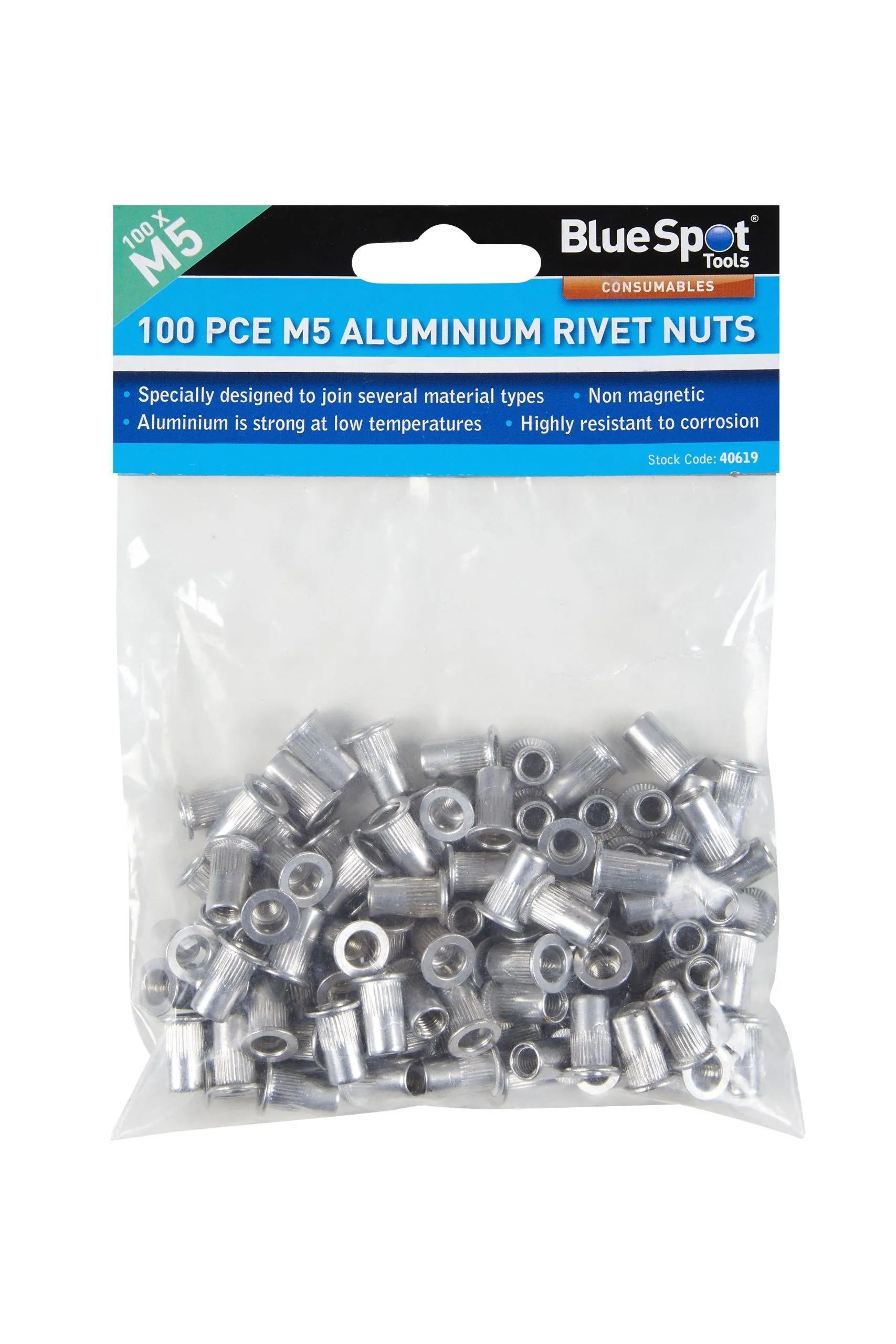 BLUE SPOT TOOLS 100 PCE M5 ALUMINIUM RIVET NUTS