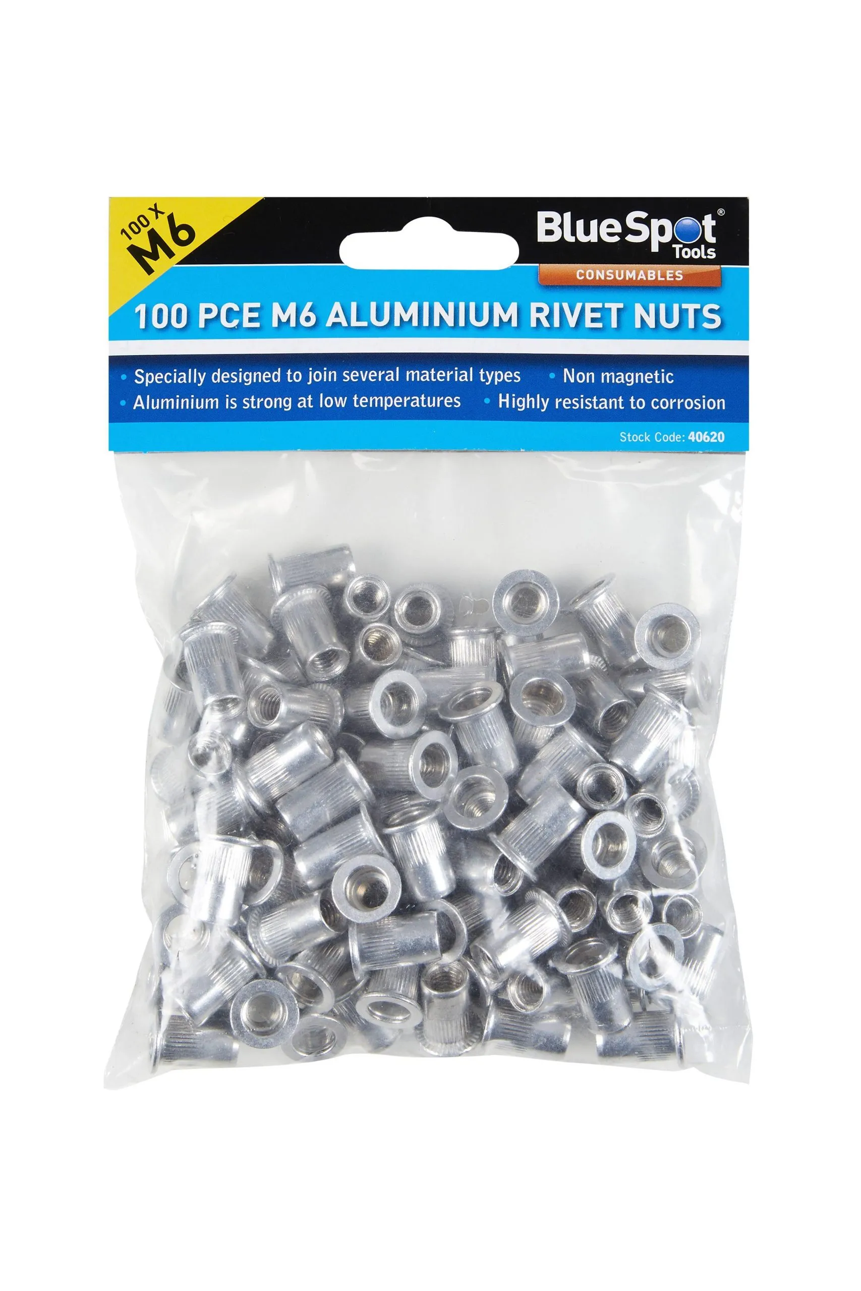 BLUE SPOT TOOLS 100 PCE M6 ALUMINIUM RIVET NUTS