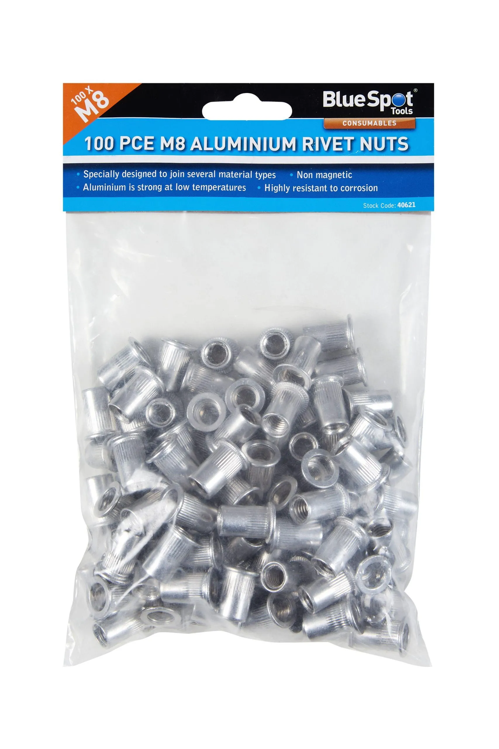 BLUE SPOT TOOLS 100 PCE M8 ALUMINIUM RIVET NUTS