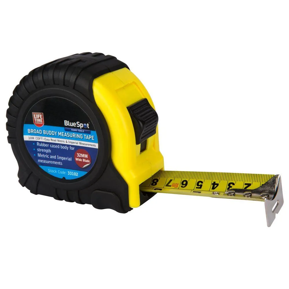 BLUE SPOT TOOLS 10M (33FT) EXTRA-WIDE BLADE TAPE MEASURE