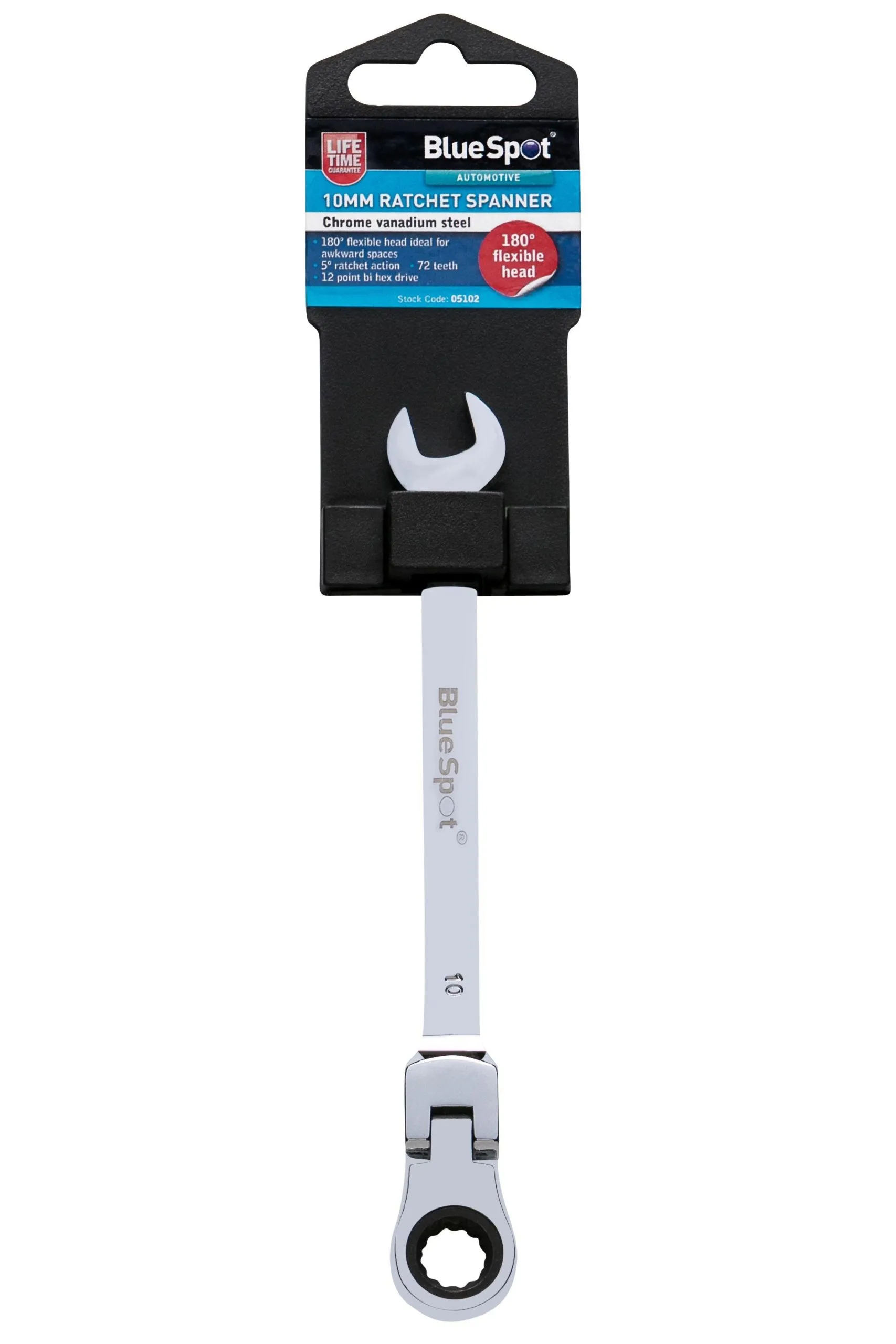 BLUE SPOT TOOLS 10MM CHROME VANADIUM RATCHET SPANNER FLEXIBLE HEAD (180°)