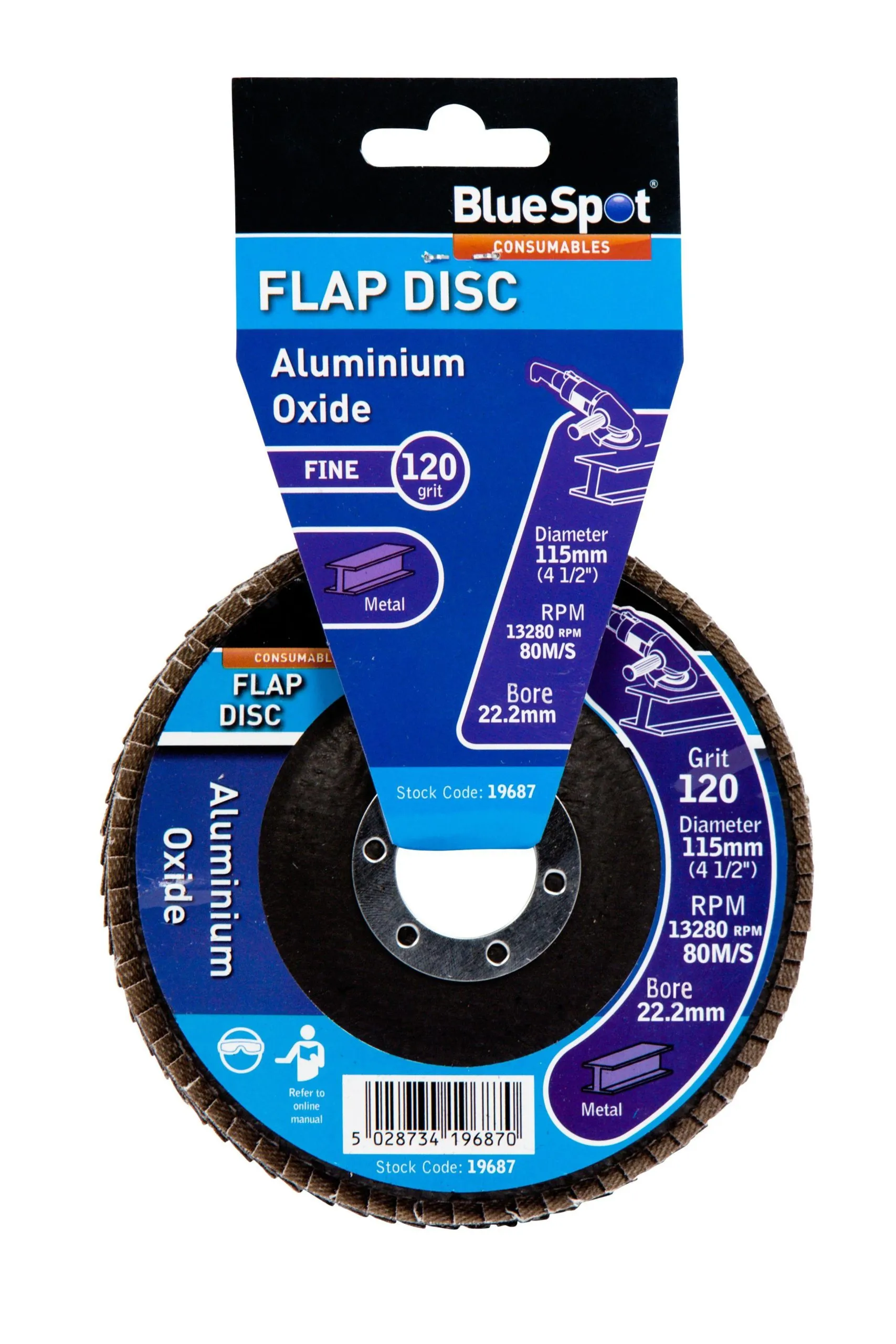 BLUE SPOT TOOLS 115MM (4.5") 120 GRIT ALUMINIUM OXIDE FLAP DISC (HEADER CARD)