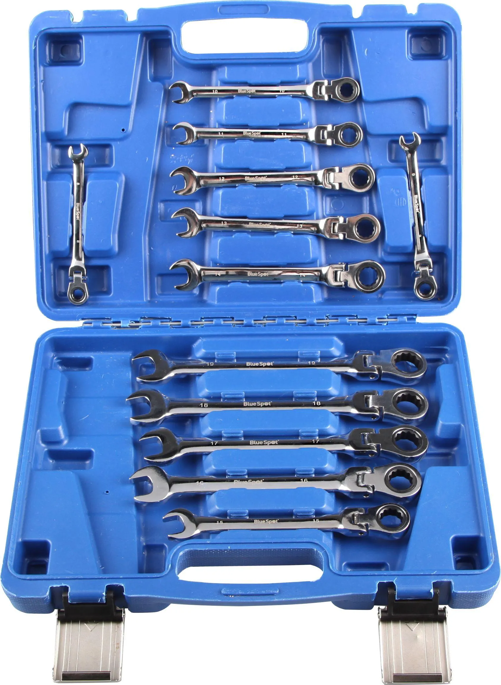 BLUE SPOT TOOLS 12 PCE FLEXIBLE METRIC RATCHET SPANNER SET (8-19MM) (WITH CASE)