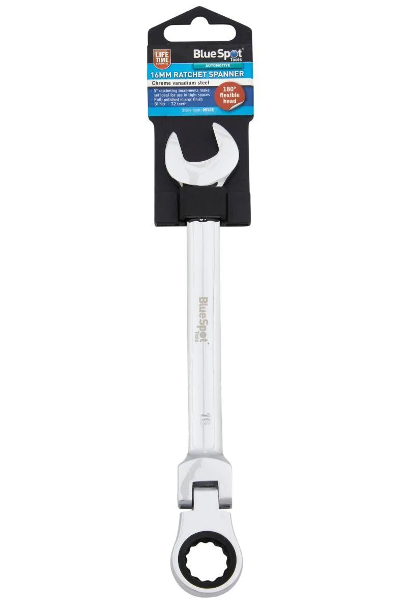 BLUE SPOT TOOLS 16MM CHROME VANADIUM RATCHET SPANNER FLEXIBLE HEAD (180°)