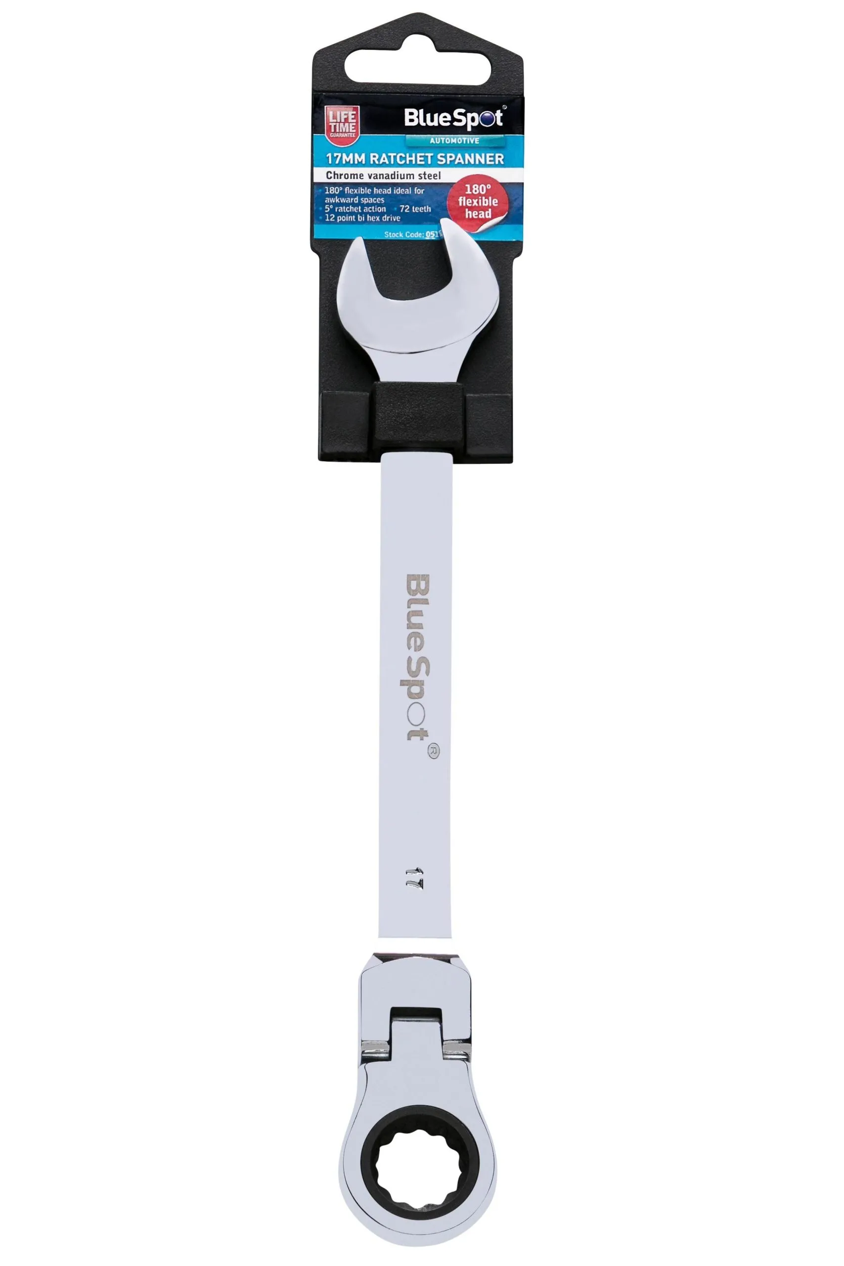 BLUE SPOT TOOLS 17MM CHROME VANADIUM RATCHET SPANNER FLEXIBLE HEAD (180°)