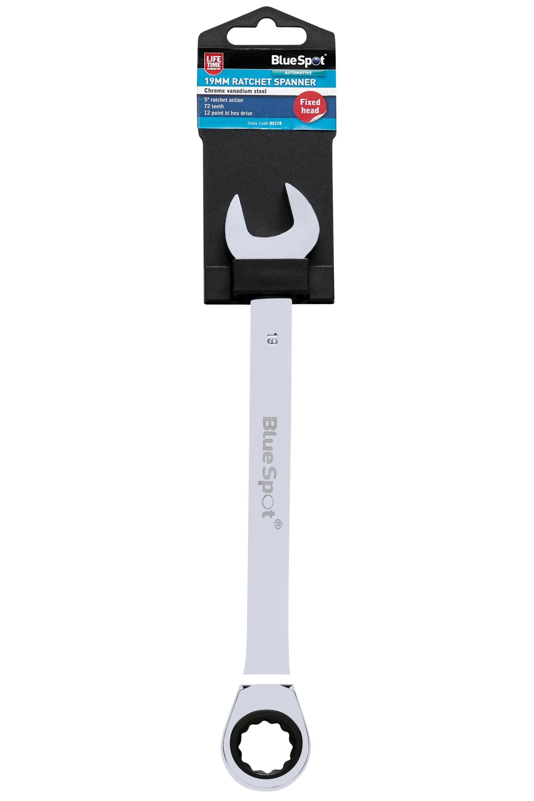 BLUE SPOT TOOLS 19MM CHROME VANADIUM RATCHET SPANNER FIXED HEAD