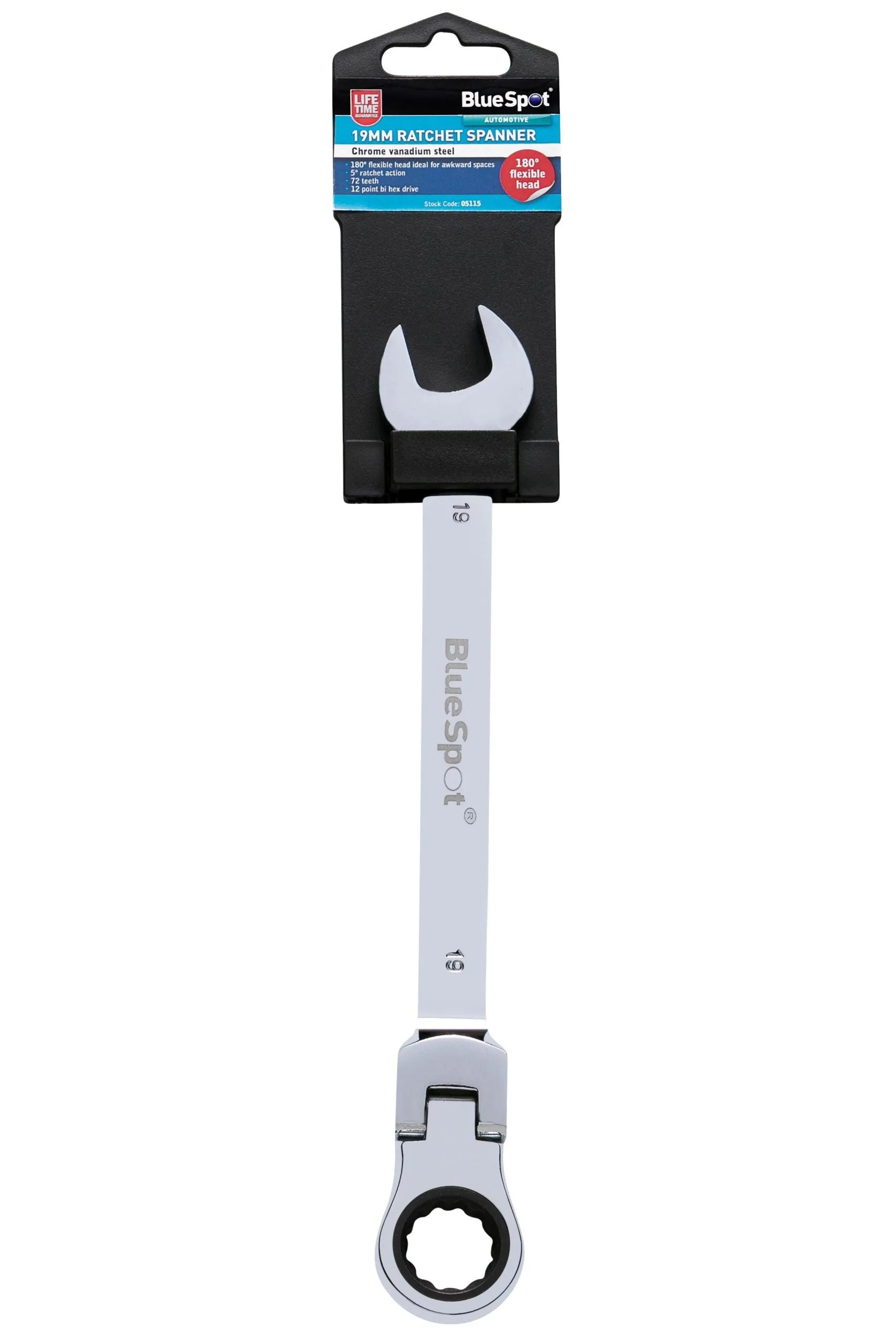 BLUE SPOT TOOLS 19MM CHROME VANADIUM RATCHET SPANNER FLEXIBLE HEAD (180°)