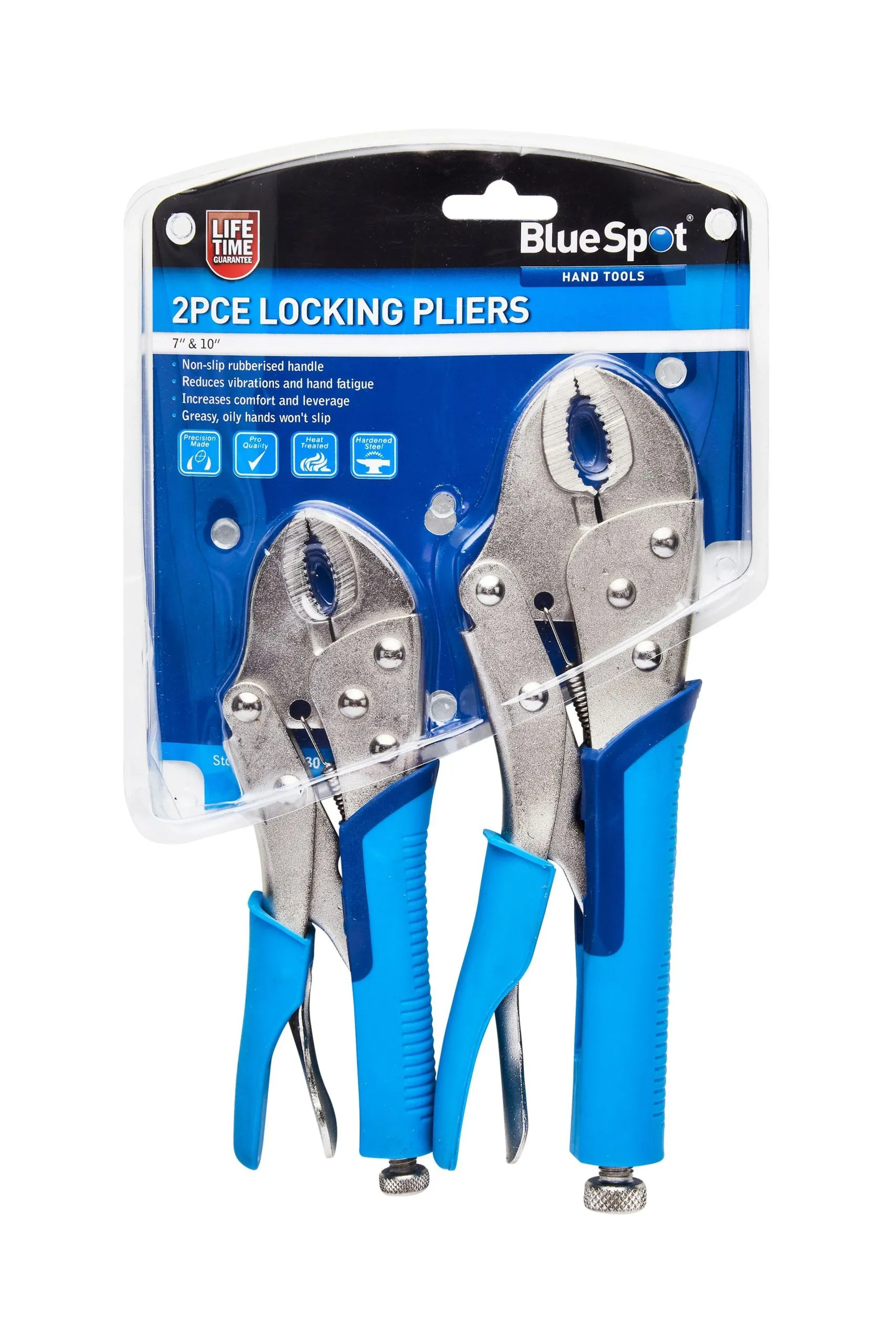 BLUE SPOT TOOLS 2 PCE 180MM & 250MM (7" & 10") SOFT GRIP NON-SLIP CURVED LOCKING PLIERS