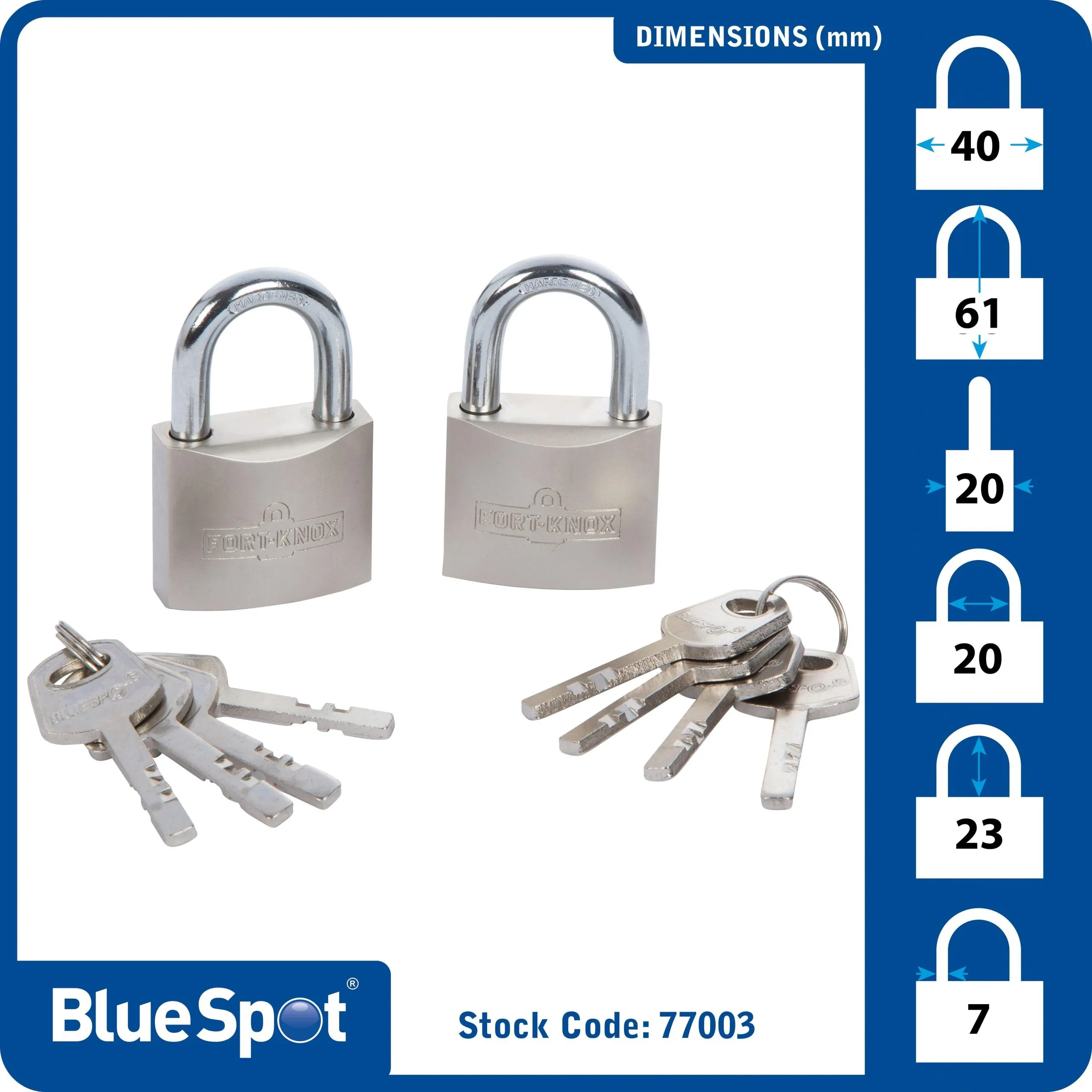 BLUE SPOT TOOLS 2 PCE 40MM SATIN FINISH KEYED ALIKE PADLOCKS