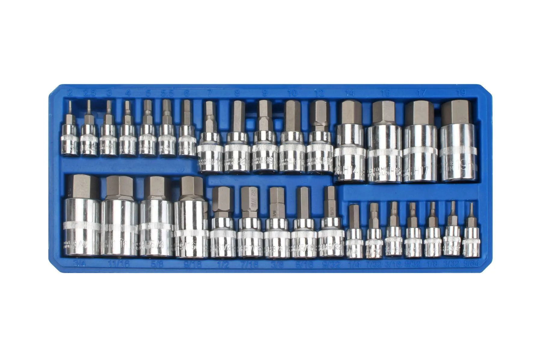 BLUE SPOT TOOLS 32 PCE 1/4" 3/8" & 1/2" HEX BIT SOCKET SET (2-19MM) (1/4"-9/16")