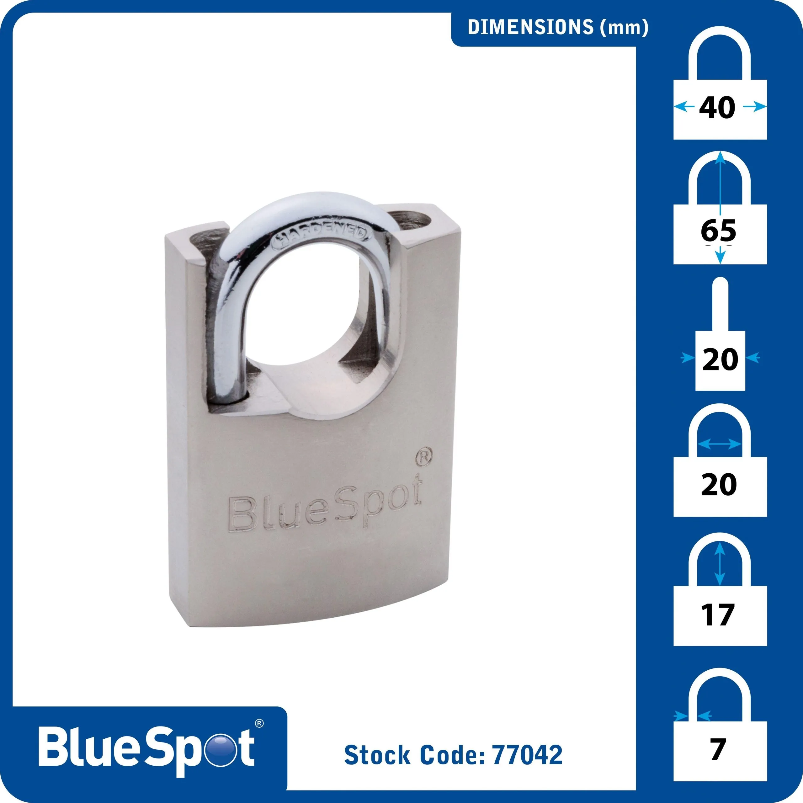 BLUE SPOT TOOLS 40MM SHROUDED SATIN FINISH PADLOCK