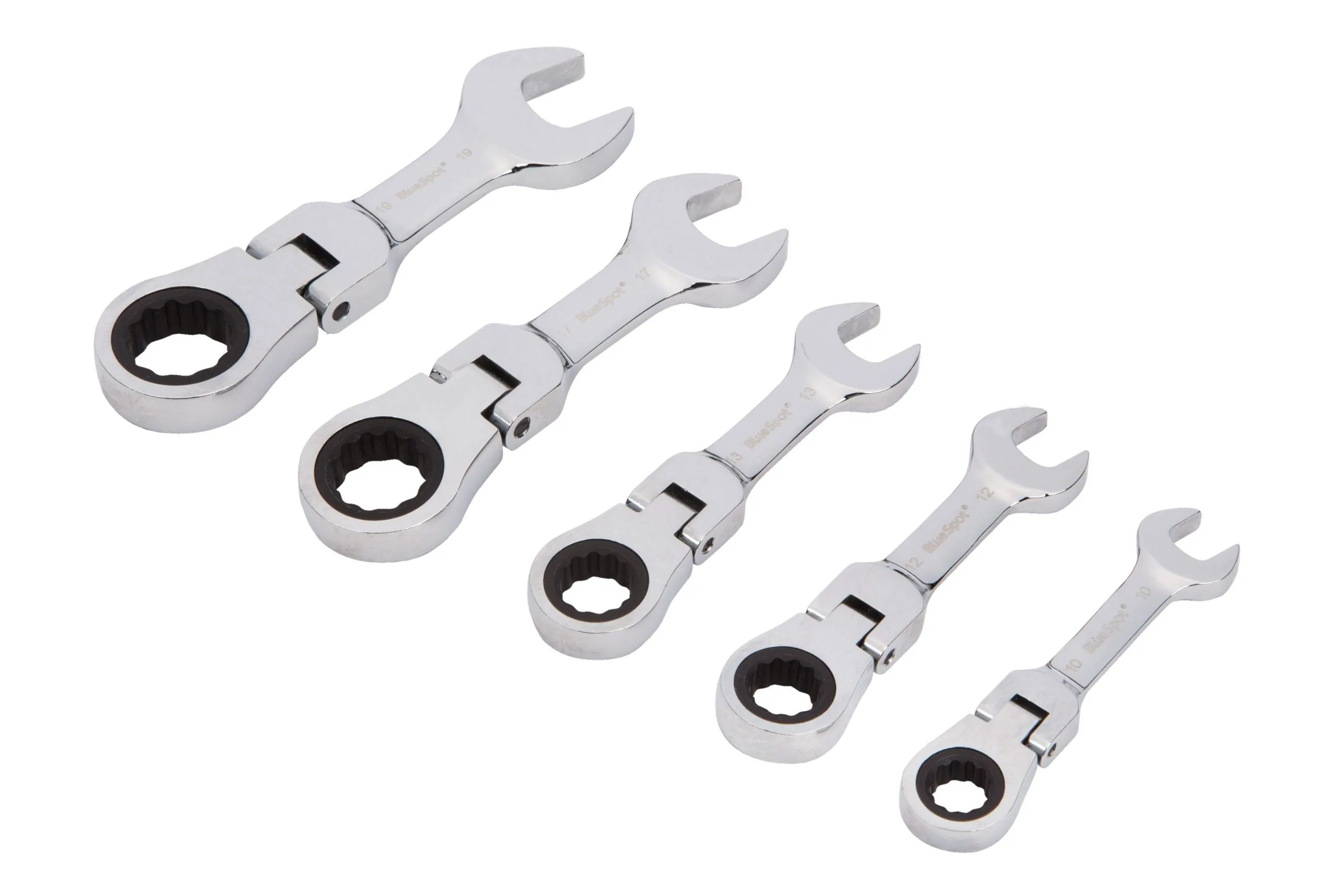 BLUE SPOT TOOLS 5 PCE FLEXIBLE STUBBY RATCHET SPANNER SET (10-19MM)