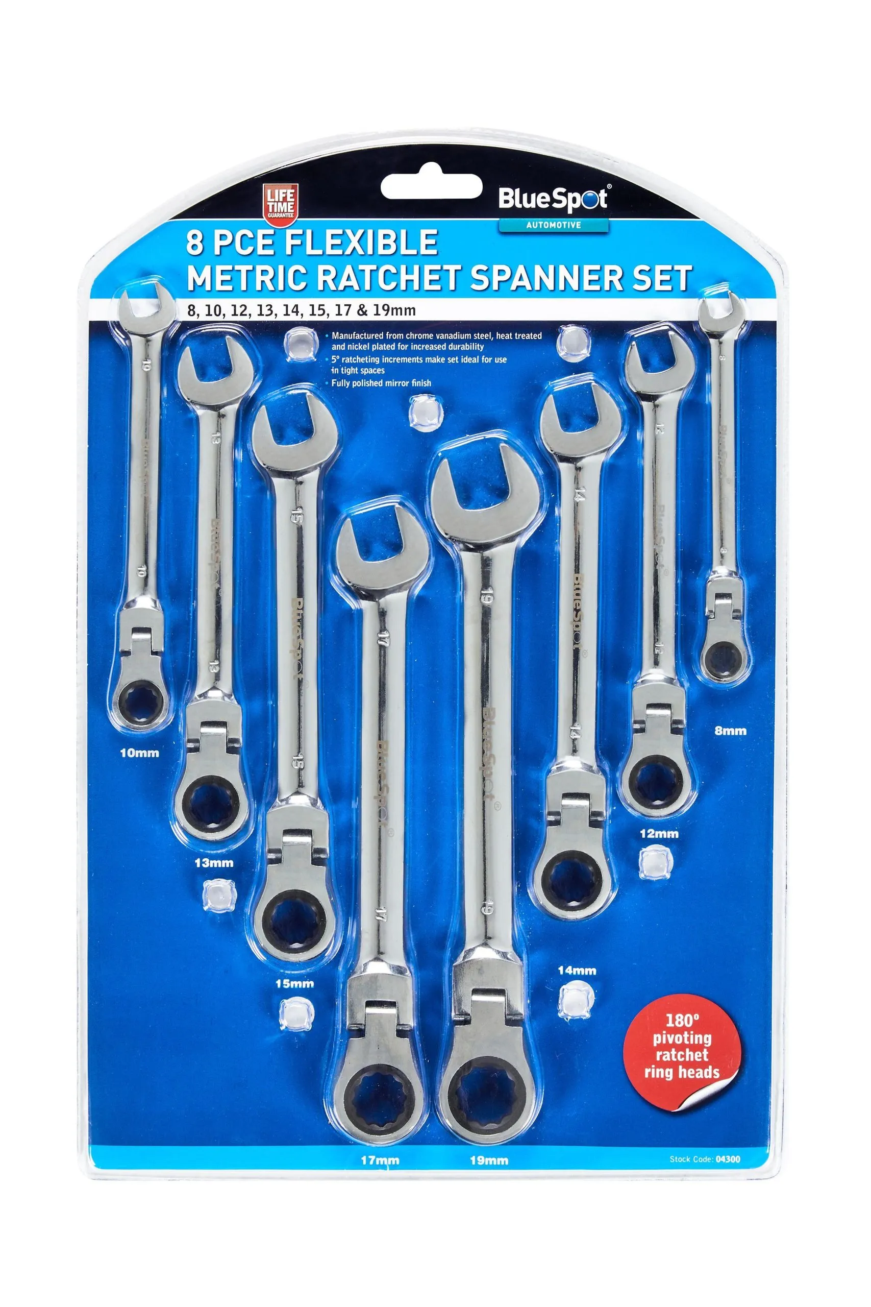 BLUE SPOT TOOLS 8 PCE FLEXIBLE METRIC RATCHET SPANNER SET (8-19MM)