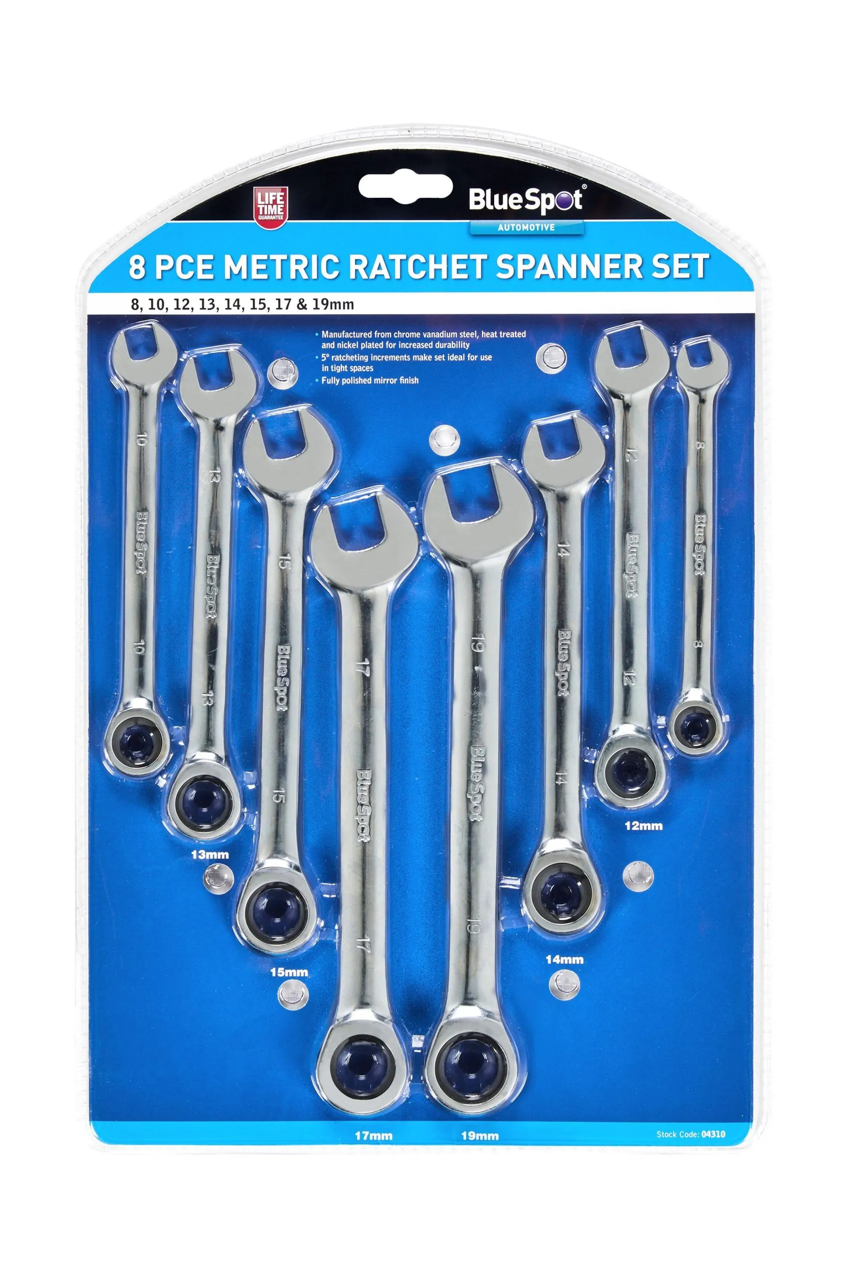 BLUE SPOT TOOLS 8 PCE METRIC RATCHET SPANNER SET (8-19MM)