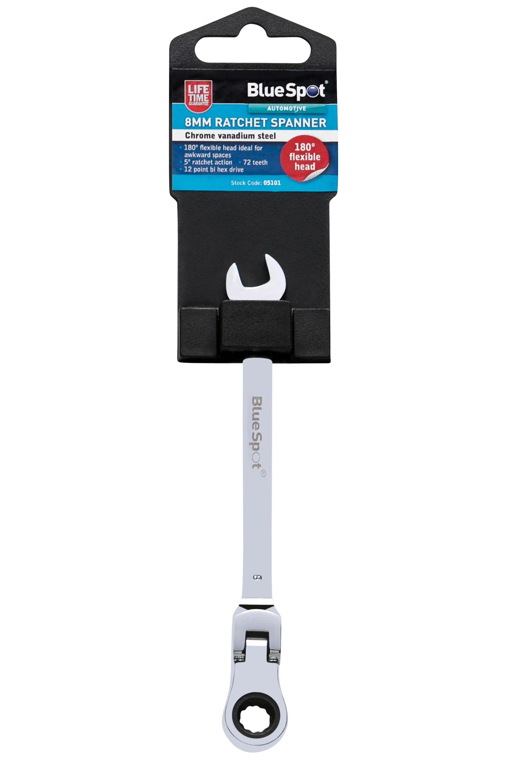 BLUE SPOT TOOLS 8MM CHROME VANADIUM RATCHET SPANNER FLEXIBLE HEAD (180°)