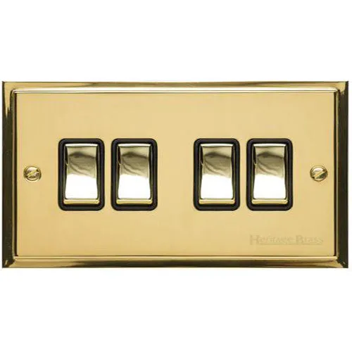 Elite Stepped Plate Range-Polished Brass-4 Gang Rocker Switch (10 Amp)