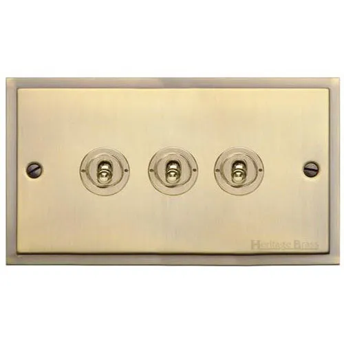 Elite Stepped Plate Range-Antique Brass-3 Gang Toggle Switch