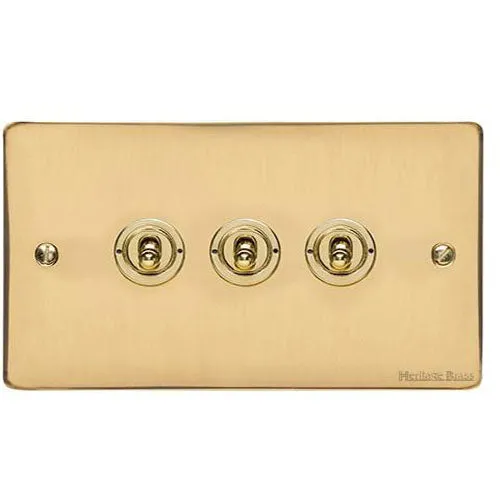 Elite Flat Plate Range-Polished Brass-3 Gang Toggle Switch