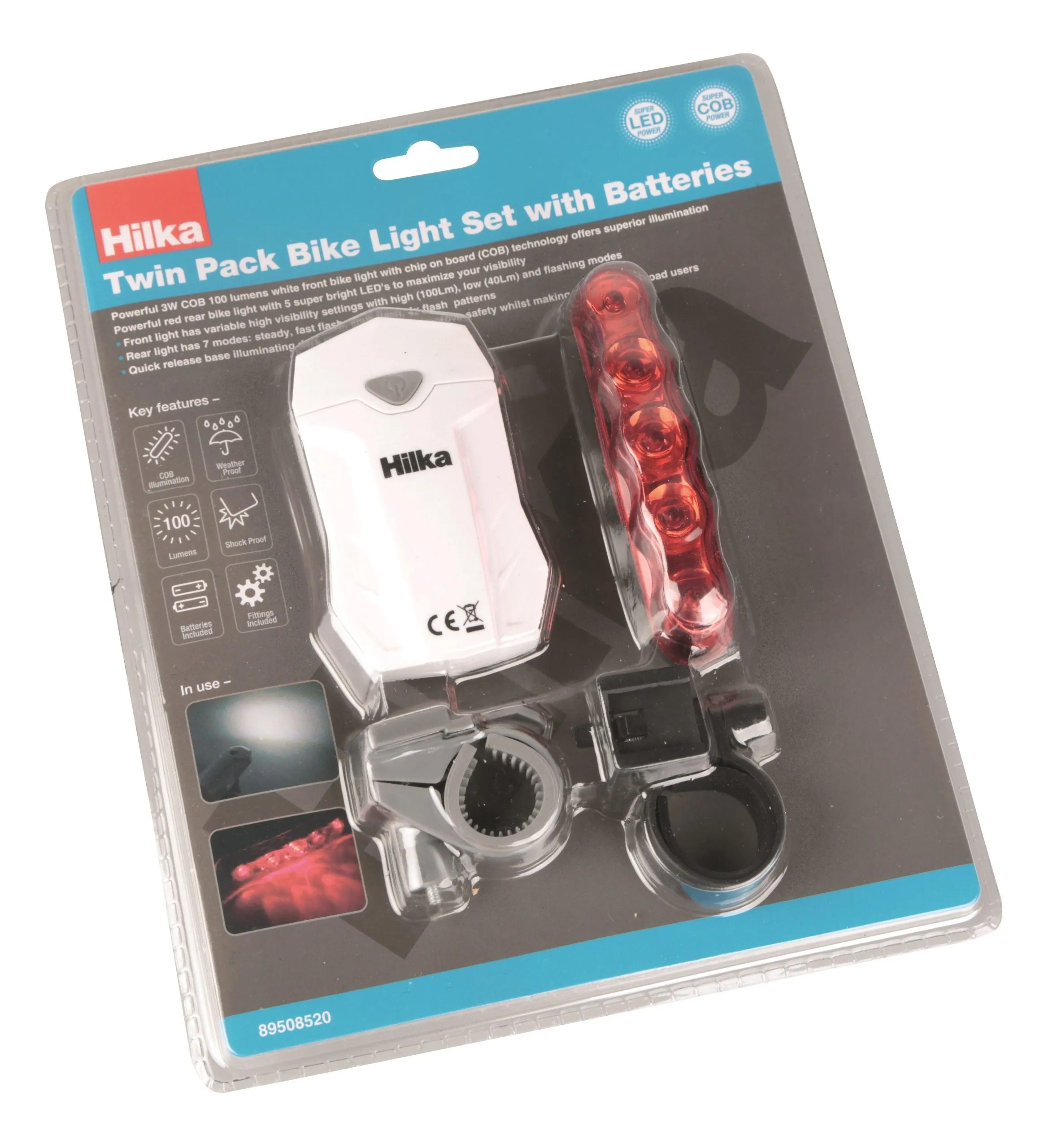 HILKA Twin Pack Bike Light Set with Batteries