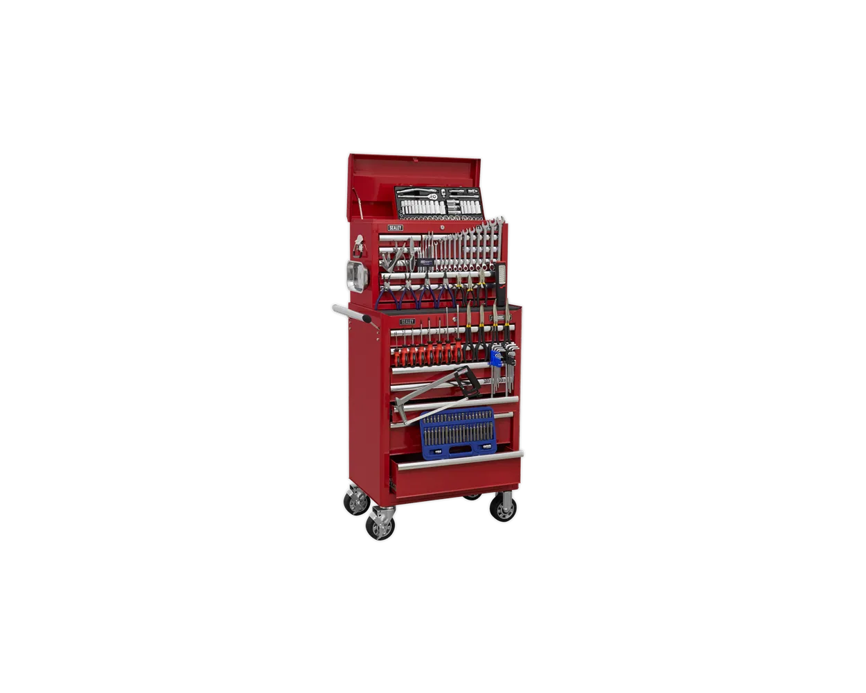 Sealey Topchest & Rollcab Combination 15 Drawer with Ball Bearing Slides - Red & 147pc Tool Kit